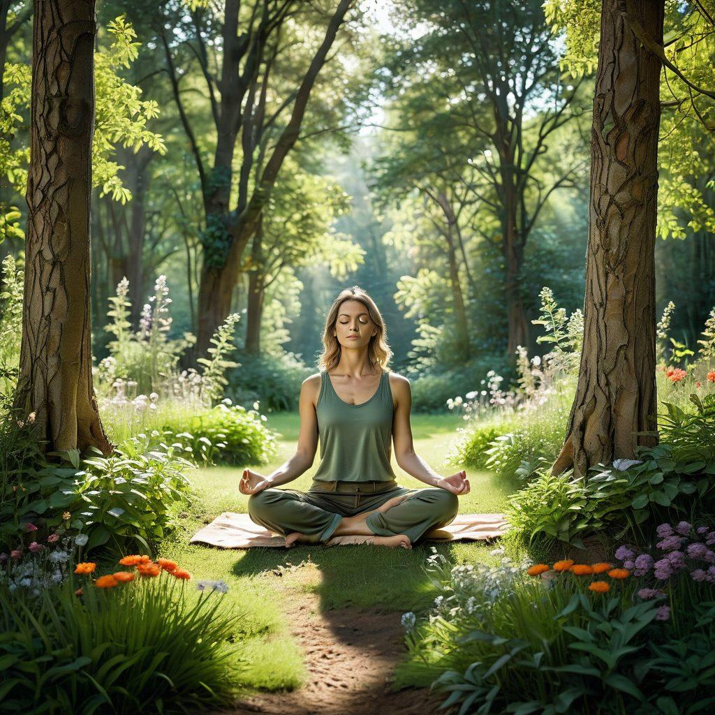 A serene scene of a peaceful person meditating in a lush green forest, surrounded by vibrant flowers and gentle sunlight streaming through the trees. In the foreground, there are natural elements like fresh fruits and herbs, symbolizing nourishment. A soothing color palette with earthy tones and soft textures to evoke a sense of calm and well-being. super-realistic. vibrant colors. nature-inspired.