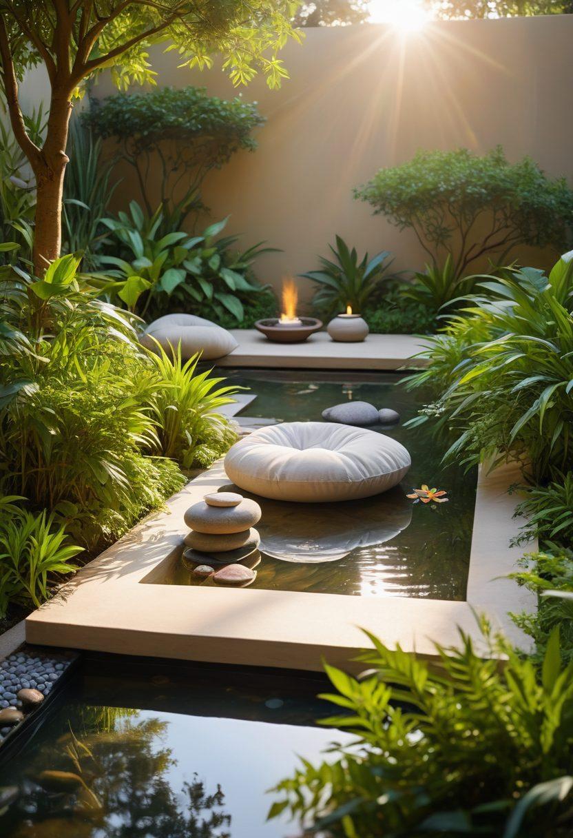 A serene nature scene featuring a cozy zen garden with soft, calming elements, including a meditation area with cushions, lush greenery, and a gentle water feature. Overlay delicate symbols of wellness like herbs, yoga mats, and candles. A person practicing yoga in the background embodies tranquility and self-care. The sky displays a warm sunrise, symbolizing new beginnings. vibrant colors. super-realistic.