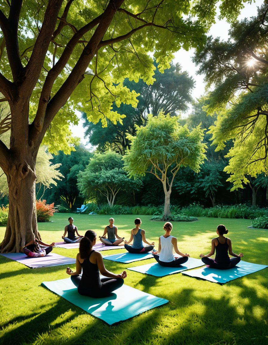 A serene scene depicting a diverse group of people engaged in various healthy activities: yoga in a tranquil park, cooking nutritious meals, meditating, and reading self-help books. Vibrant green nature surrounds them, symbolizing growth and well-being. A warm sunrise in the background illustrates new beginnings and personal development. super-realistic. vibrant colors. peaceful atmosphere.